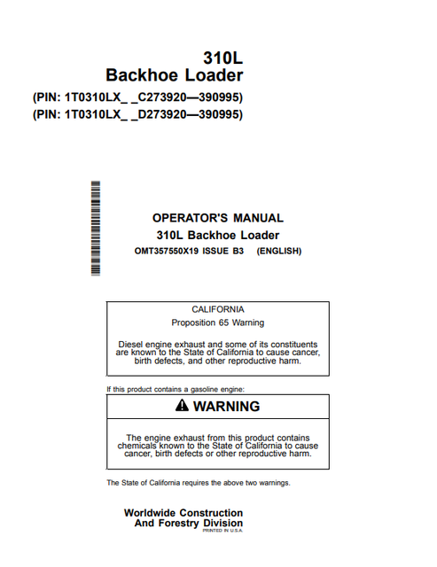 John Deere 310L Backhoe Loader Operator Manual PDF OMT357550X19