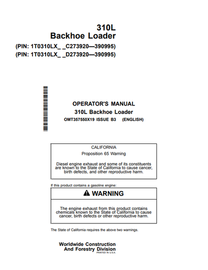 John Deere 310L Backhoe Loader Operator Manual PDF OMT357550X19