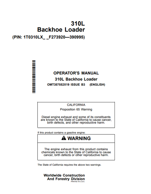 John Deere 310L Backhoe Loader Operator Manual PDF OMT357552X19