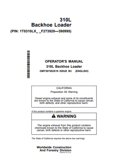 John Deere 310L Backhoe Loader Operator Manual PDF OMT357552X19