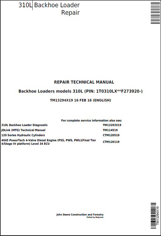 John Deere 310L Backhoe Loader Repair Technical Manual TM13294X19 PDF 