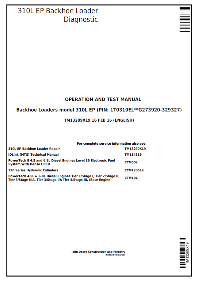 John Deere 310L EP Backhoe Loader Operation and Test Manual TM13289X19 PDF