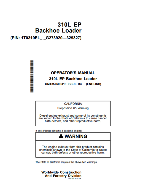 John Deere 310L EP Backhoe Loader Operator Manual OMT357606X19