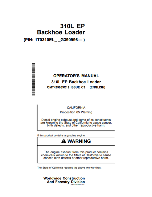 John Deere 310L EP Backhoe Loader Operator Manual OMT425669X19