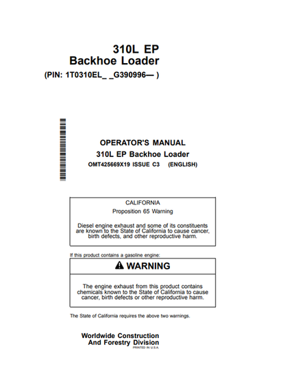 John Deere 310L EP Backhoe Loader Operator Manual OMT425669X19