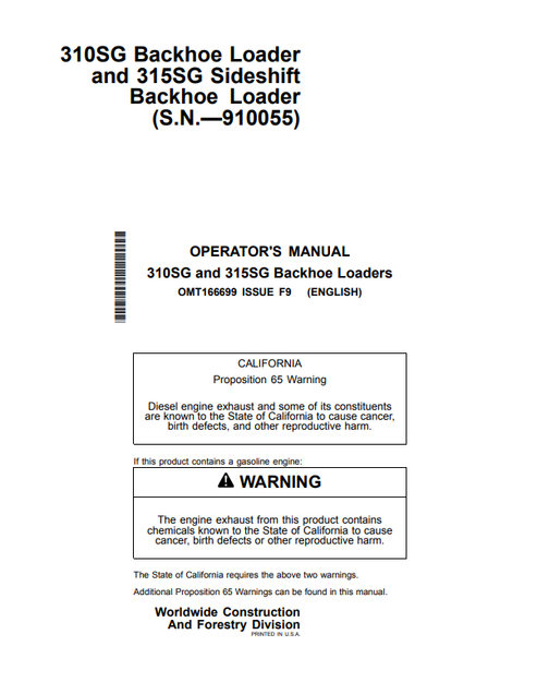 John Deere 310SG 315SG Backhoe Loader Operator Manual OMT166699