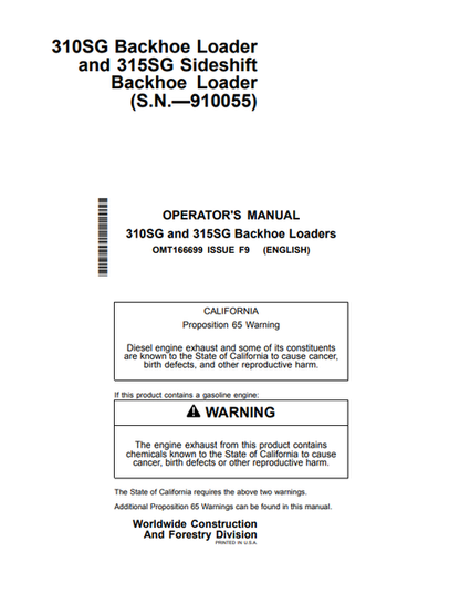 John Deere 310SG 315SG Backhoe Loader Operator Manual OMT166699