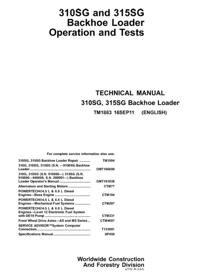 John Deere 310SG and 315SG Backhoe Loader Technical Manual TM1883 PDF
