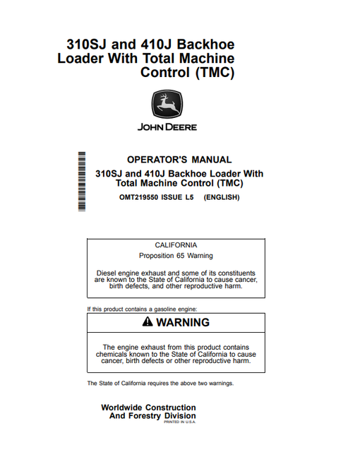 John Deere 310SJ And 410J Backhoe Loader With TMC Operator Manual OMT219550