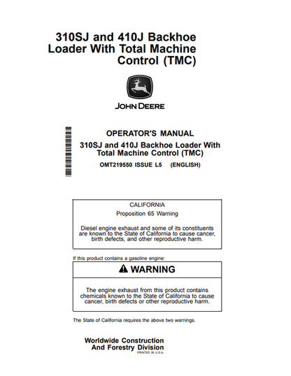 John Deere 310SJ And 410J Backhoe Loader With TMC Operator Manual OMT219550