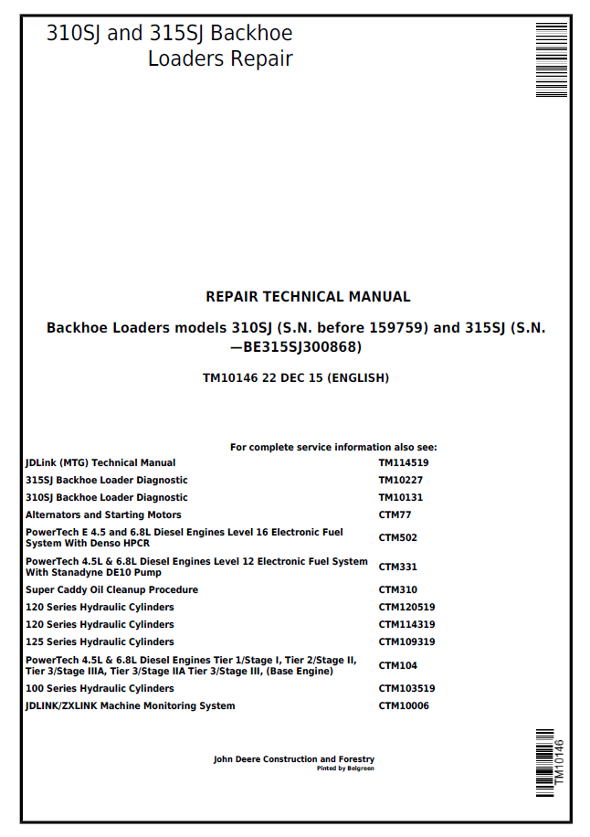 John Deere 310SJ and 315SJ Backhoe Loaders Repair Technical Manual TM10146