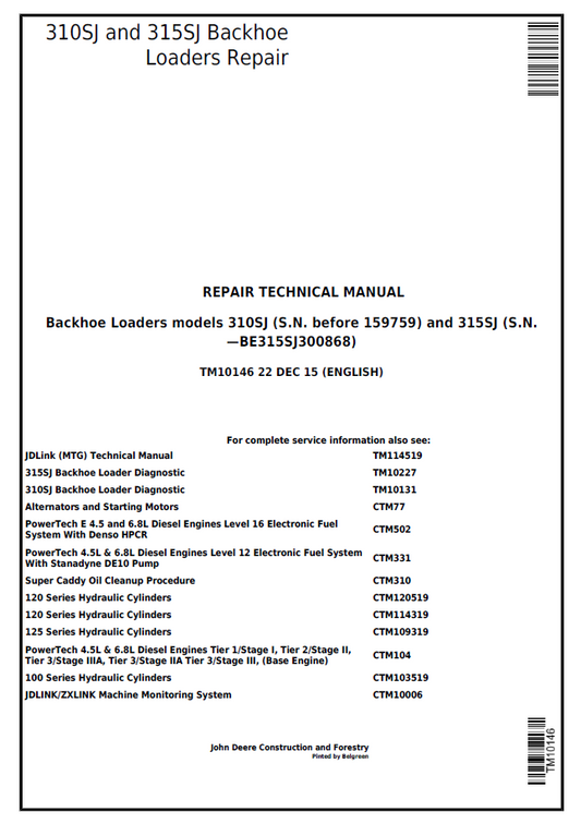 John Deere 310SJ and 315SJ Backhoe Loaders Repair Technical Manual TM10146