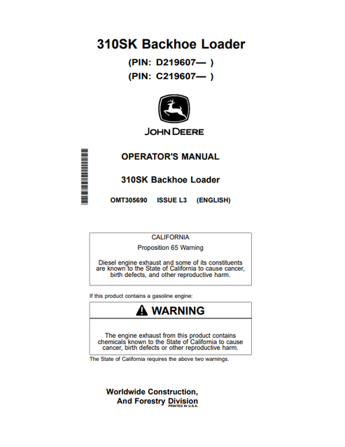 John Deere 310SK Backhoe Loader Operator Manual OMT305690