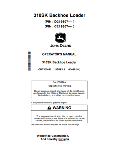 John Deere 310SK Backhoe Loader Operator Manual OMT305690