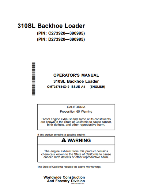 John Deere 310SL Backhoe Loader Manual OMT357554X19
