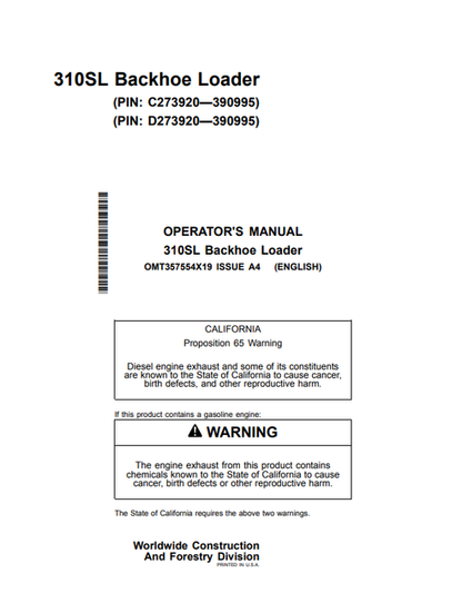 John Deere 310SL Backhoe Loader Manual OMT357554X19
