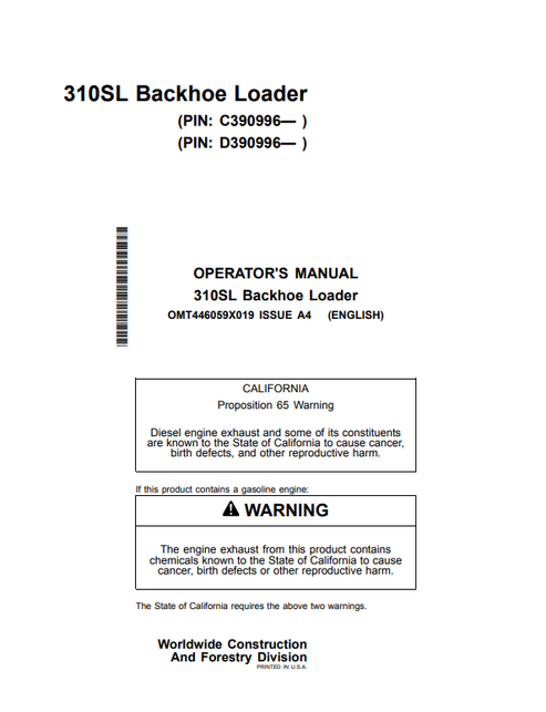 John Deere 310SL Backhoe Loader Operator Manual OMT446059X019