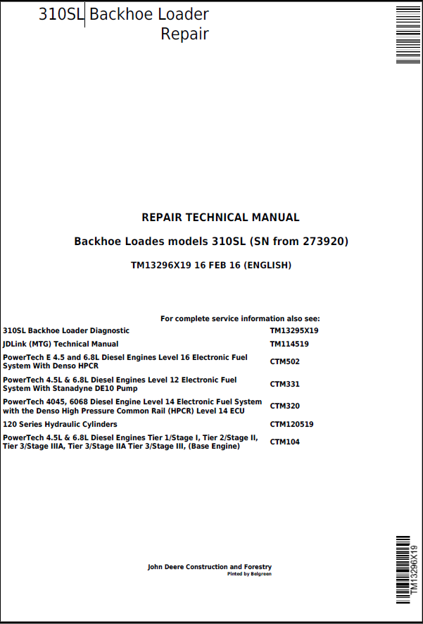 John Deere 310SL Backhoe Loader Repair Technical Manual TM13296X19 PDF 