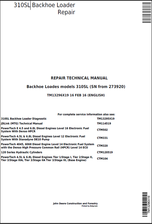 John Deere 310SL Backhoe Loader Repair Technical Manual TM13296X19 PDF 