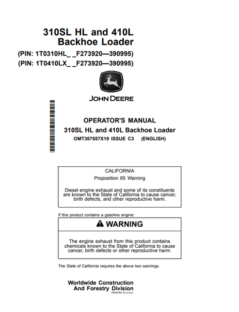 John Deere 310SL HL 410L Backhoe Loader Operator Manual