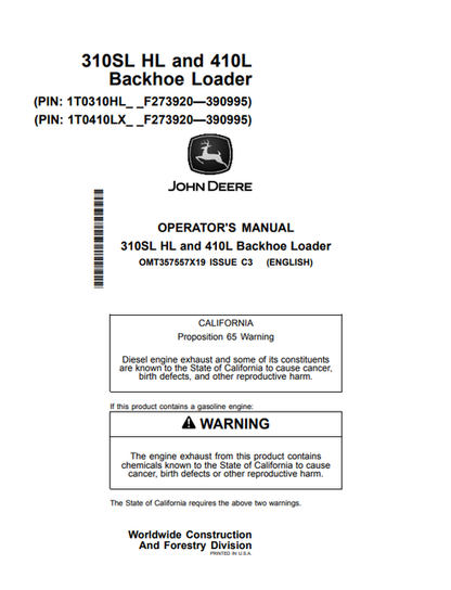 John Deere 310SL HL 410L Backhoe Loader Operator Manual