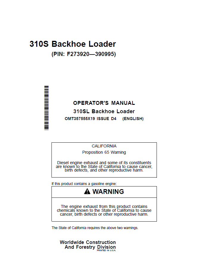 John Deere 310S Backhoe Loader Operator Manual OMT357555X19 PDF