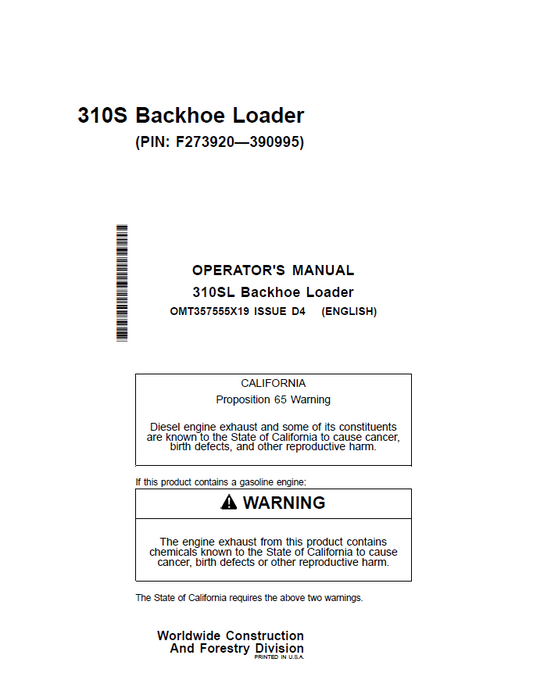 John Deere 310S Backhoe Loader Operator Manual OMT357555X19 PDF