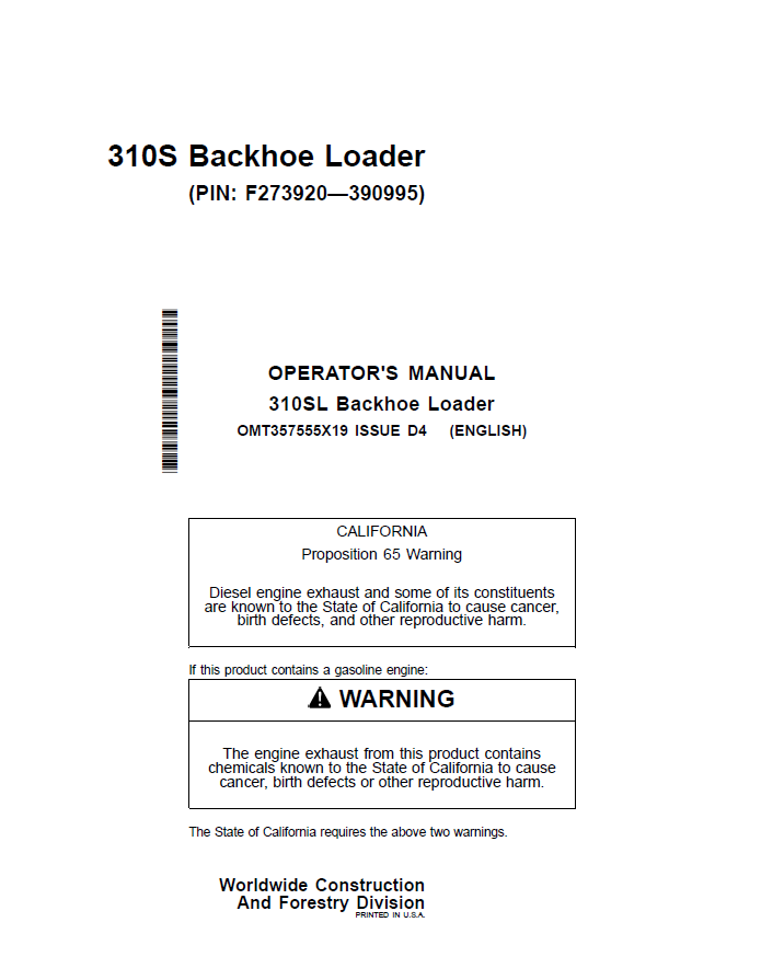 John Deere 310S Backhoe Loader Operator Manual OMT357555X19 PDF
