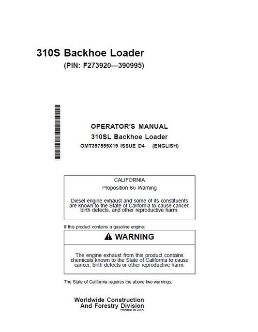 John Deere 310S Backhoe Loader Operator Manual OMT357555X19 PDF