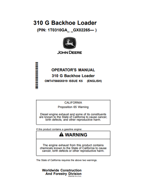 John Deere 310 G Backhoe Loader Operator Manual OMT475665X019