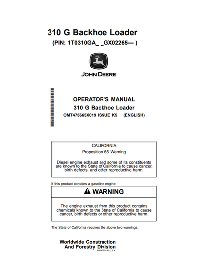John Deere 310 G Backhoe Loader Operator Manual OMT475665X019