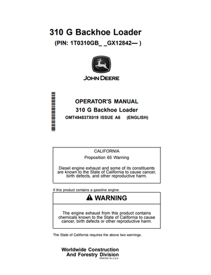 John Deere 310 G Backhoe Loader Operator Manual OMT494837X019