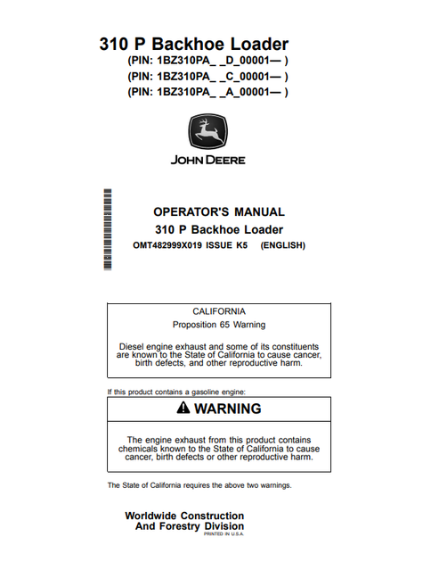 John Deere 310 P Backhoe Loader Manual OMT482999X019
