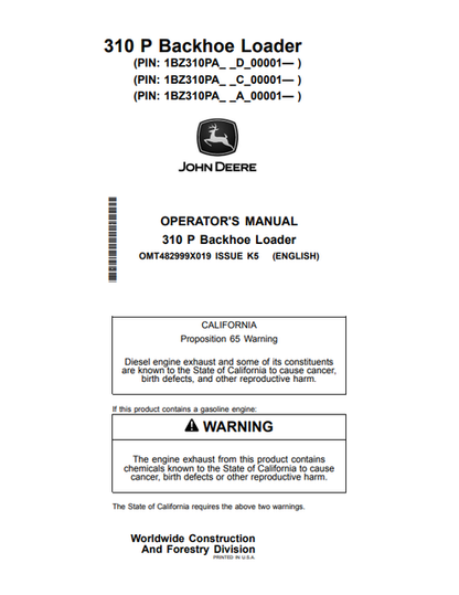 John Deere 310 P Backhoe Loader Manual OMT482999X019
