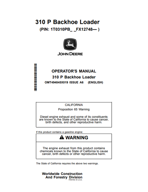John Deere 310 P Backhoe Loader Manual OMT494845X019
