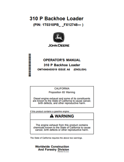John Deere 310 P Backhoe Loader Manual OMT494845X019
