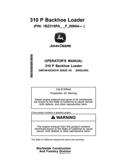 John Deere 310 P Backhoe Loader Operator Manual OMT481853X019