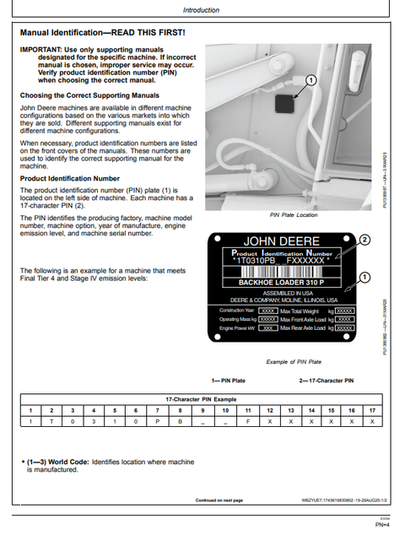 John Deere 310 P Backhoe Loader Operator Manual OMT494845X019