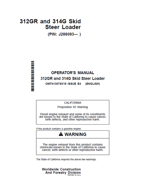 John Deere 312GR 314G Skid Steer Loader Operator Manual PDF