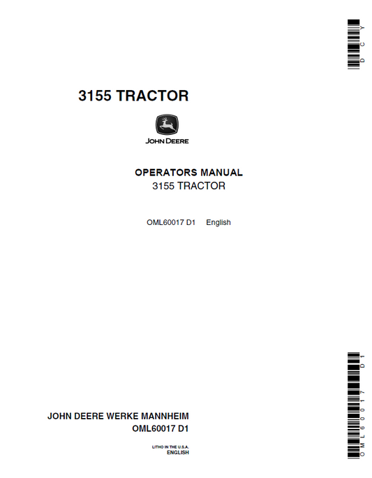 John Deere 3155 Tractor Operator Manual OML60017 PDF