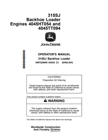 John Deere 315SJ Backhoe Loader Operator Manual OMT228609