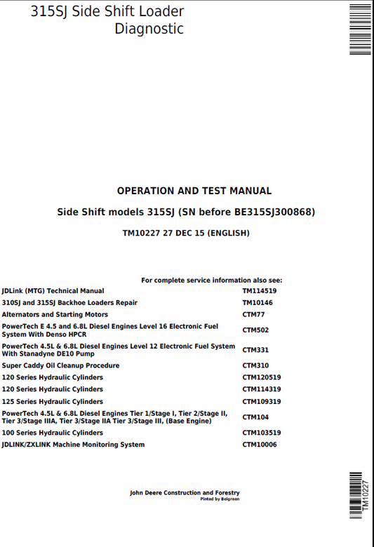 John Deere 315SJ Side Shift Loader Operation and Test Manual TM10227 PDF