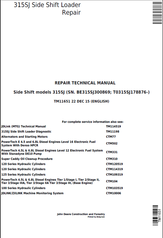 John Deere 315SJ Side Shift Loader Repair Technical Manual TM11651 PDF