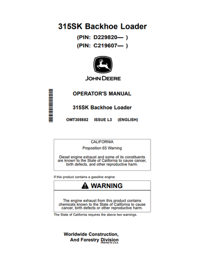 John Deere 315SK Backhoe Loader Operator Manual OMT305682
