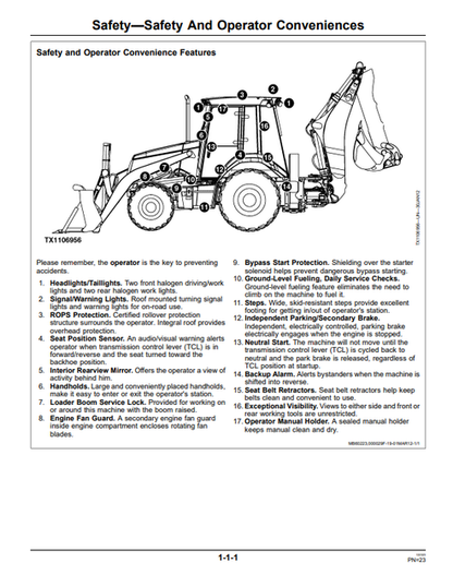 John Deere 315SK Backhoe Loader Operator Manual OMT305682 PDF covering operation, safety, controls, inspections, maintenance and equipment care.
