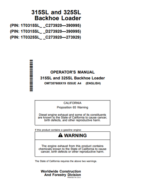 John Deere 315SL And 325SL Backhoe Loader Operator Manual OMT357608X19