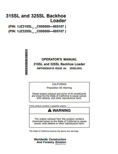 John Deere 315SL And 325SL Backhoe Loader Operator Manual OMT426264X19