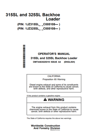 John Deere 315SL And 325SL Backhoe Loader Operator Manual OMT446352X019