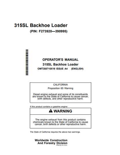 John Deere 315SL Backhoe Loader Operator Manual OMT358715X19