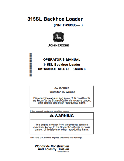 John Deere 315SL Backhoe Loader Operator Manual OMT426489X19